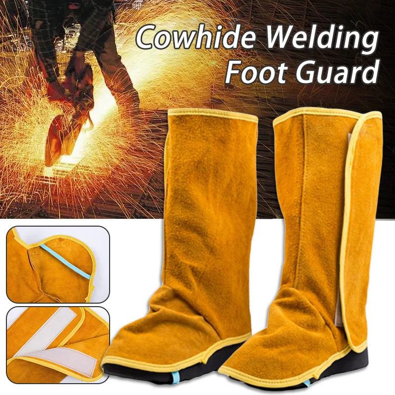 1 Pair Cowhide Leather Welding Spats Protective Shoes Feet Cover Heat Resistant Flame-Retardant Welding Boot Cover Safety Work