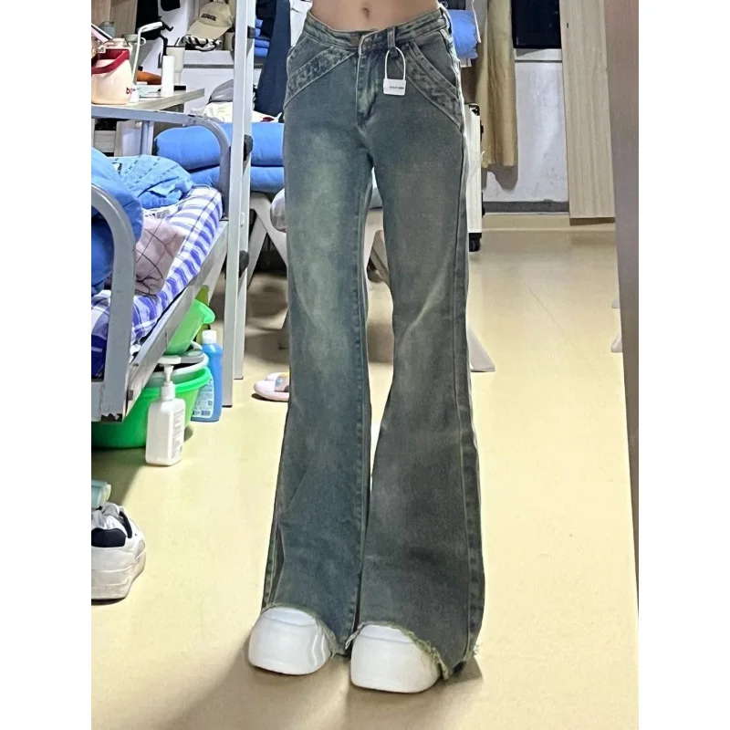 جينز نسائي عالي الخصر متوهج ريترو أخضر مغسول واسع الساق من قماش الدنيم صورة ظلية جذابة ملابس غير رسمية للتاريخ اليومي