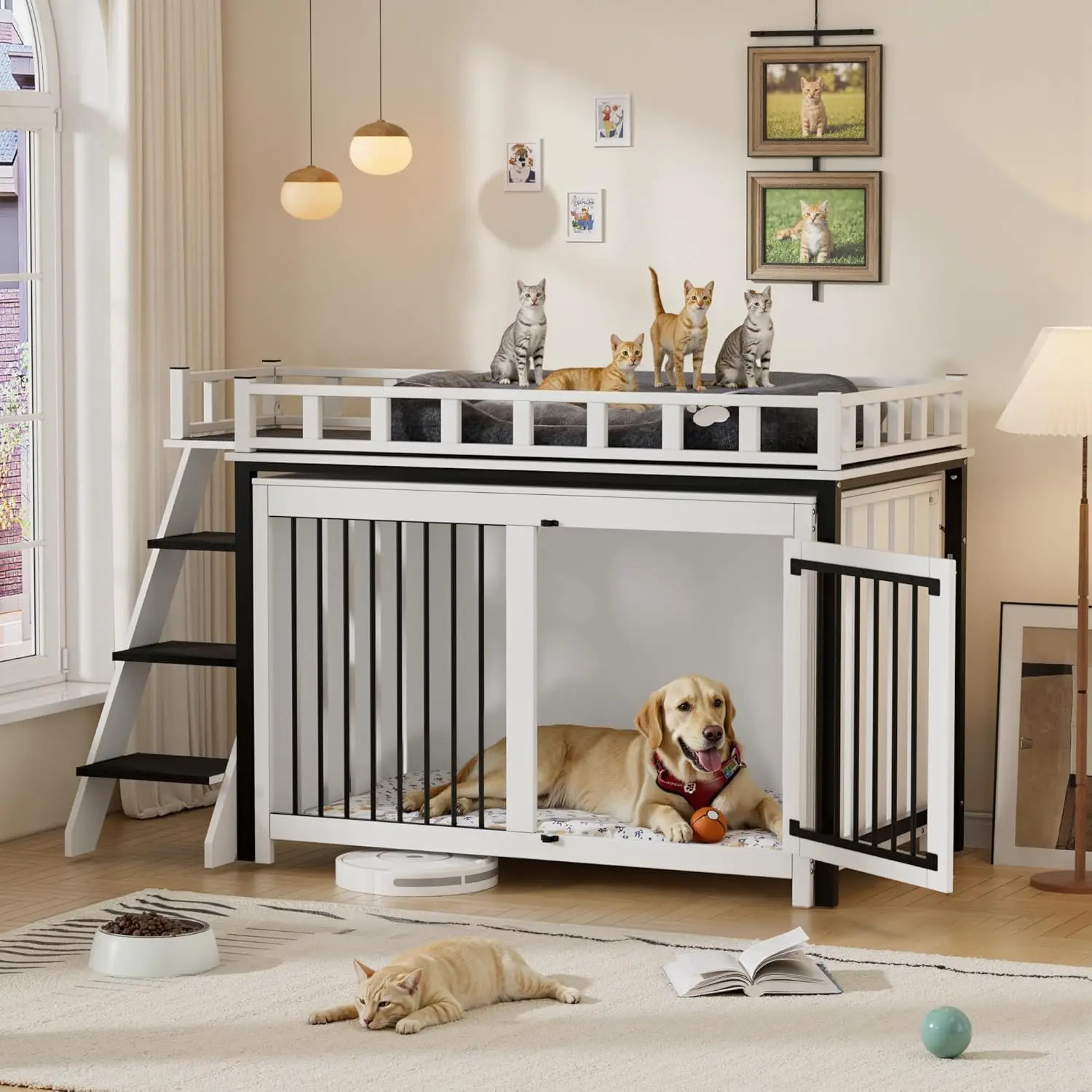

PakaLife Loft-Style Dog Crate Furniture with Double Doors Heavy Duty Kennel Indoor for Medium and Large Dogs Wooden Pet House
