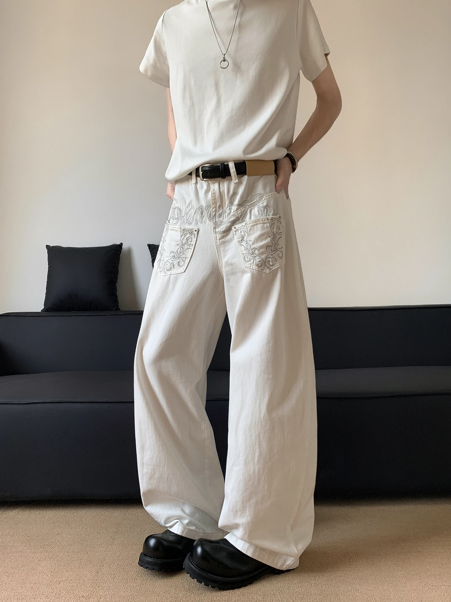 

American Style Embroidered Men's Jeans Summer New CleanFit Design Wide Leg Knife Casual Fashion Straight Cut Long Trousers
