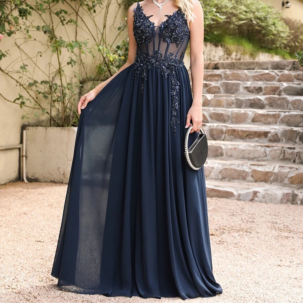 

High Quality Elegant Blue A Line Evening Dresses 2025 Elegant Beaded Appliques Illusion Prom Gowns Formal Party Vestido De Gala
