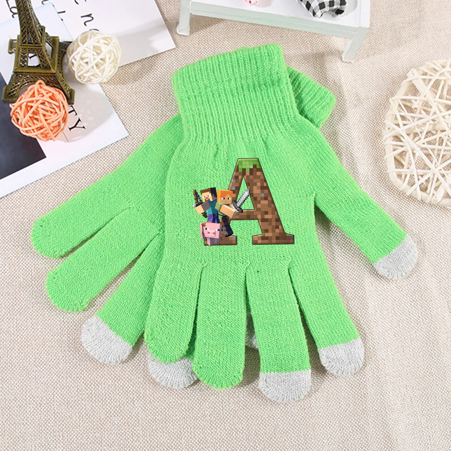 

Hot Pixel Game Knit Gloves Cartoon Letter Screen Gloved Winter Warm Anime Accessories Boys Girls Green Glove Kids Christmas Gift