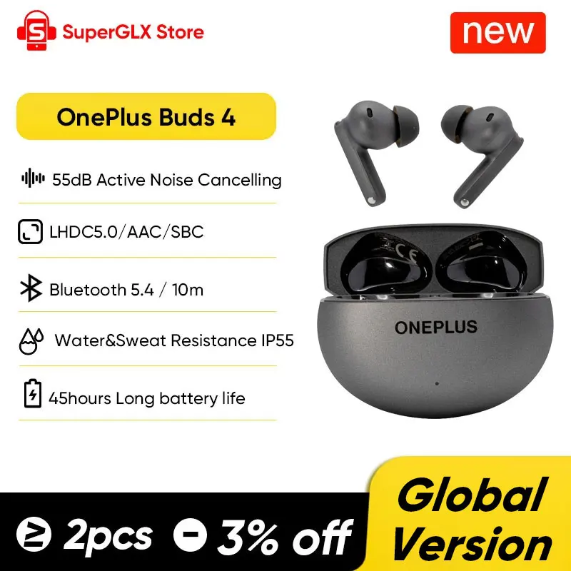 

2025 New OnePlus Buds 4 True Wireless AI Call Noise cancelling Earphones 55dB Long Range IP55 Waterproof Portable Earbuds 5.4