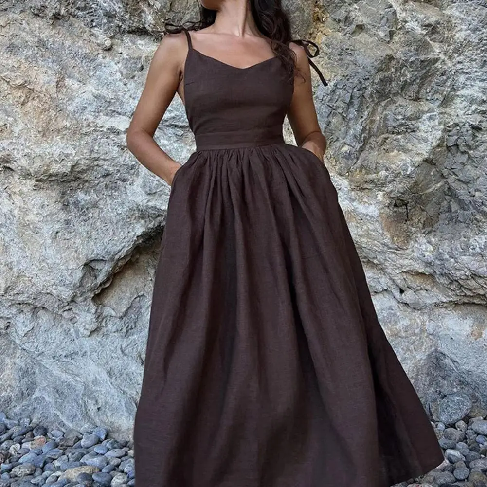 

Женское летнее платье на бретельках с V-образным вырезом и открытой спиной, без рукавов, плиссированное пляжное платье миди для отпуска с высокой талией