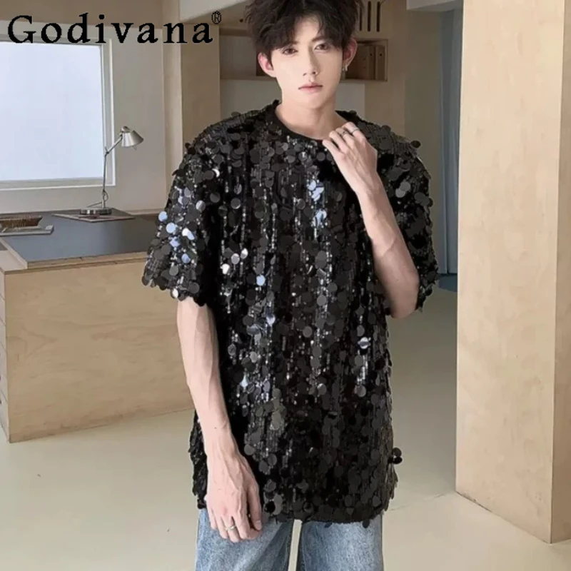 

Men Women Fashion Loose Personality Sequins Short Sleeve Crew Neck T-shirt Handsome Boys Versatile Leisure Elegant Korean Tops