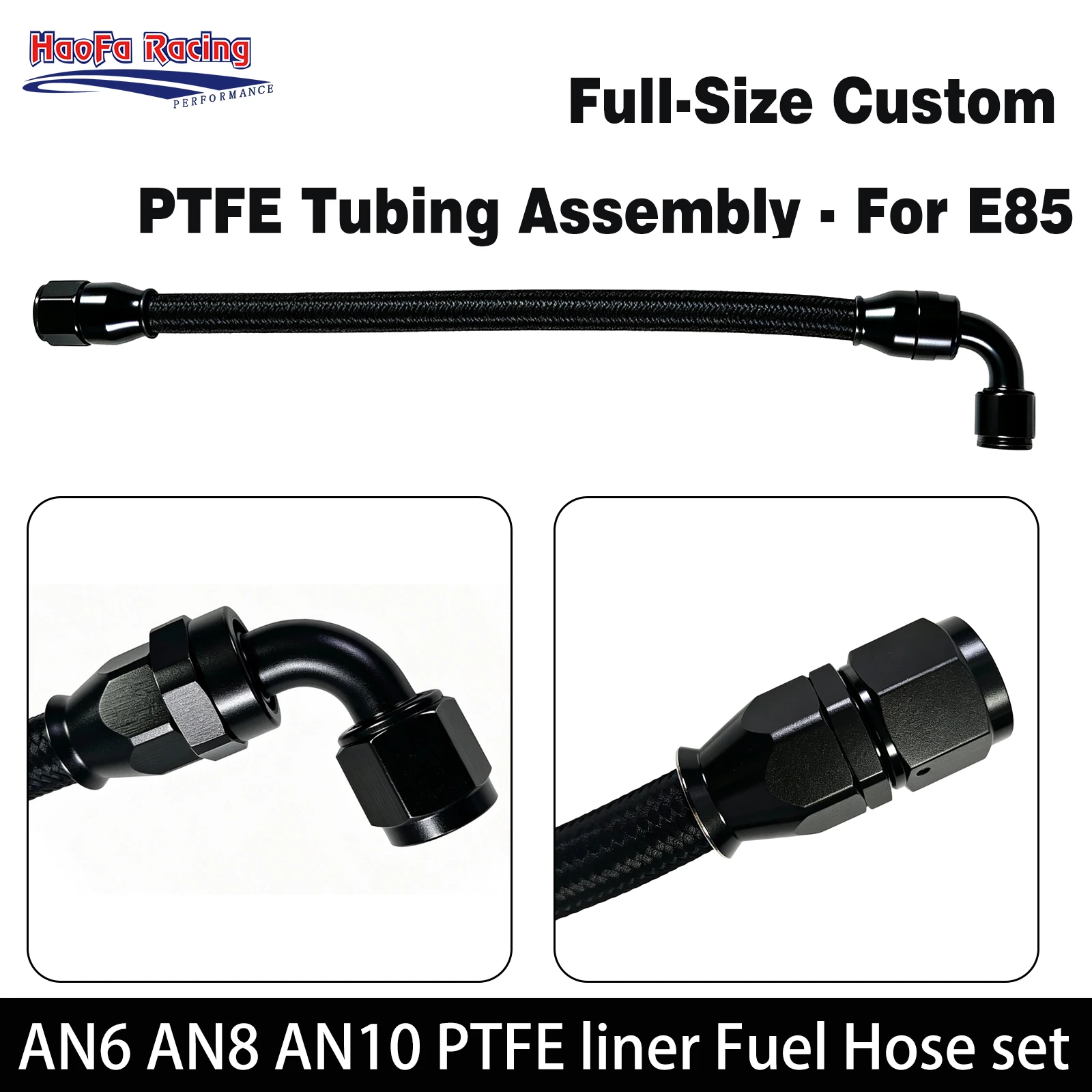 AN6 Nylon Braided PTFE Tubing Assembly Line Tube With 0 Degree 90 Degree Swivel Hose End Fitting Installed Full-Size Custom -e85