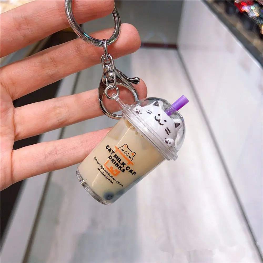Quicksand Sequin Car Pendant Liquid Acrylic Floating Milk Tea Cute Cat Key Ring Fashion Accessories Key Chain Jewelry