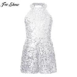 6-14Y Girls Shiny Sequin Halter Bodysuit Christmas Birthday Wedding Evening Party Jumpsuit Jazz Dance Stage Performance Clothes