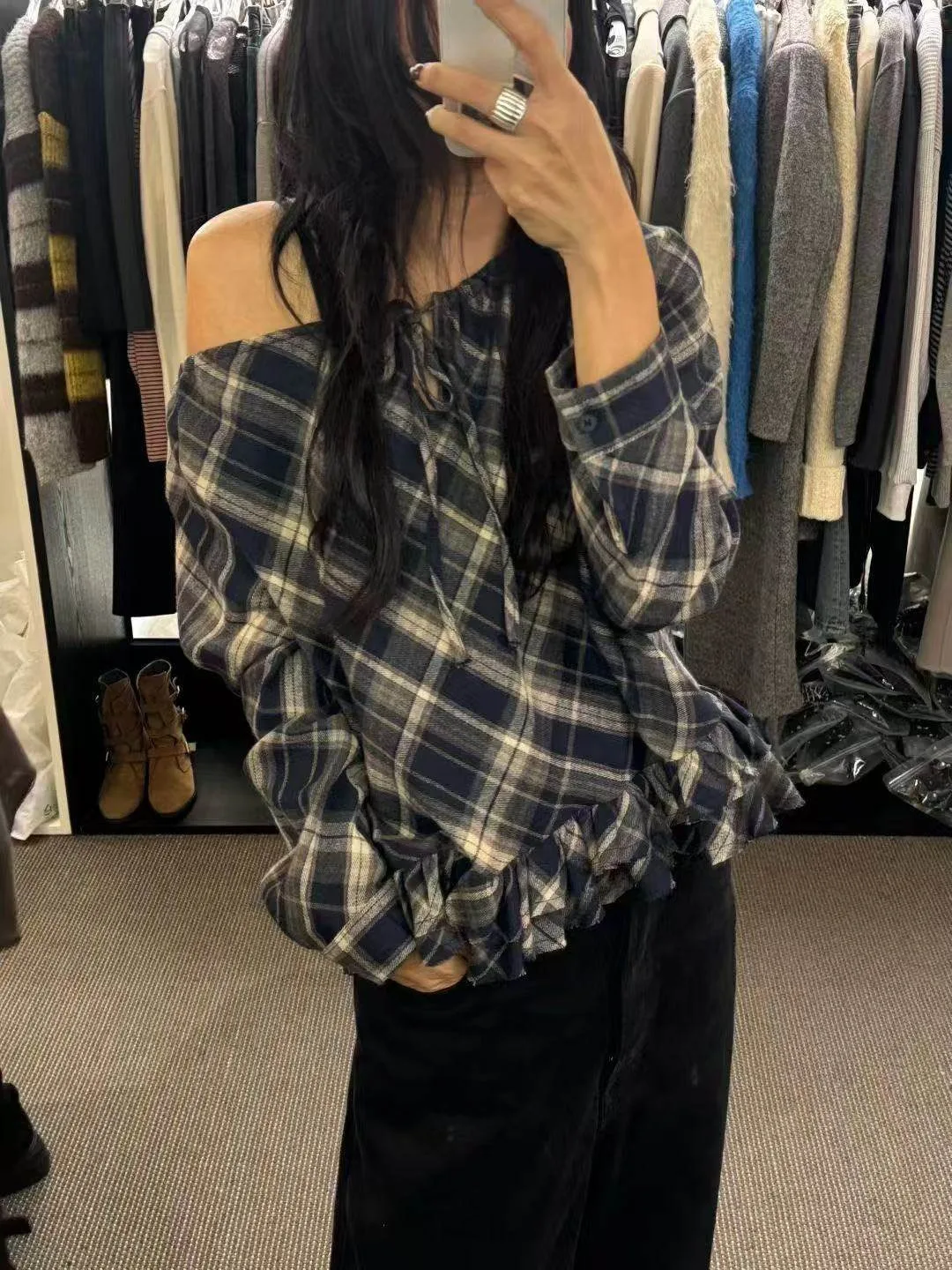 

Retro Color Blo Plaid Dstring Hem Gingham irt Women's Early Spring Loose Versatile irt Wooden Ear Design Korean...