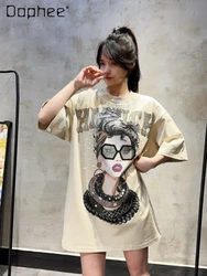 Oversized T-shirt Women Clothing Summer New Fashion Brand Cartoon Lace Goddess Rhinestone Round Neck Short Sleeve T-shirt Dress