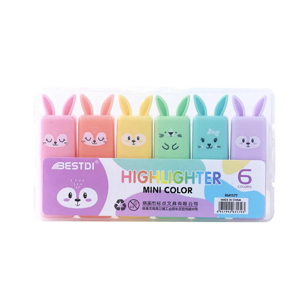 6Pcs/Set Kawaii Stationery Cartoon Animals Highlighter Macaron Cute Oblique Tip Marker Scrapbooking Diary Fluorescent Pen