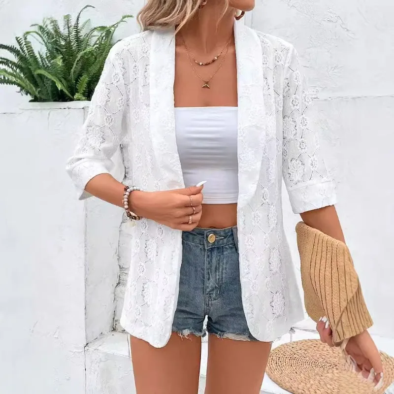 Novo elegante cor sólida renda manga 7 quartos lapela casual terno casaco feminino europa américa na primavera é elegante individual