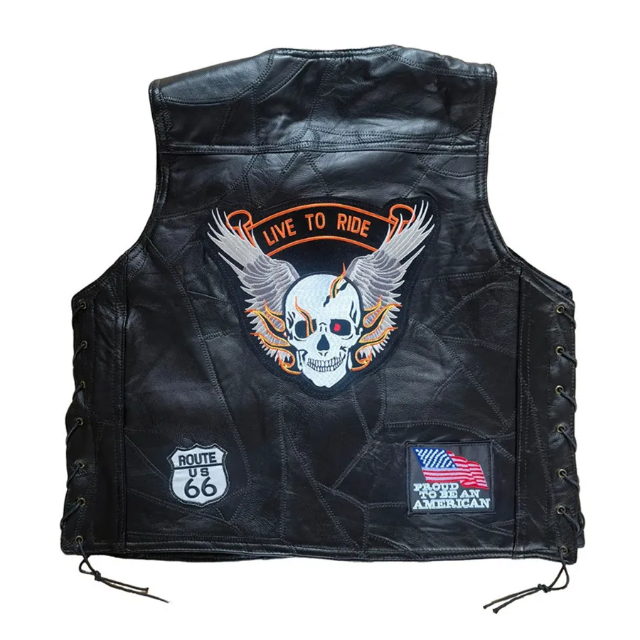 

Skull Wings Embroidered Men Real Leather Vests Fashion Sleeveless Jacket Motorcycle Riding Biker Badge Waistcoat Men's Clothing