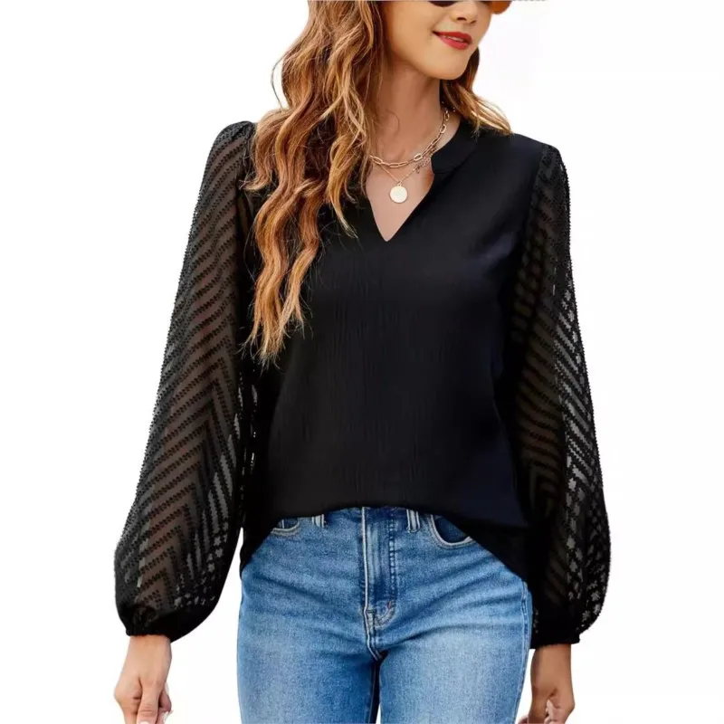 Camisa de gasa empalmada de encaje con cuello en V para mujer, Top de manga larga con burbujas, camisa versátil informal de Color sólido, novedad de 2024