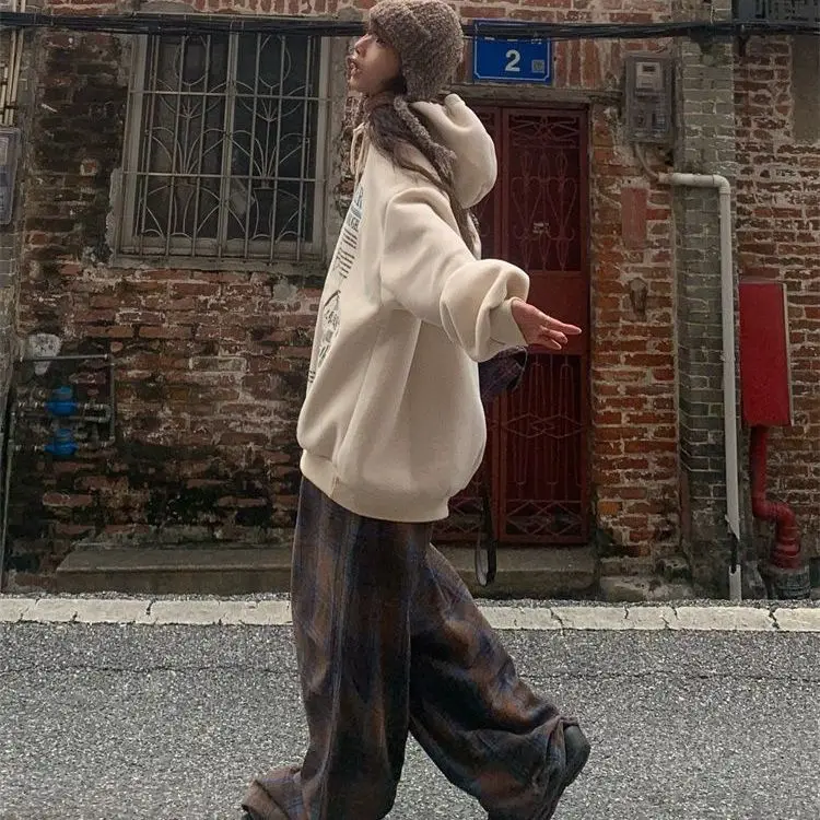 Korean New Fashion Retro Hooded Sweatshirt Heavy Poster Letter Loose Print Niche Jacket Wear Vintage Versatile Women Clothing