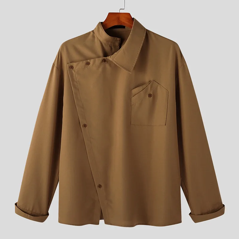 2026 Spring New Men's Long Sleeve Solid Color Shirt Elegant Retro High-End Fashion Loose Neckline Design Irregular Men's Tops