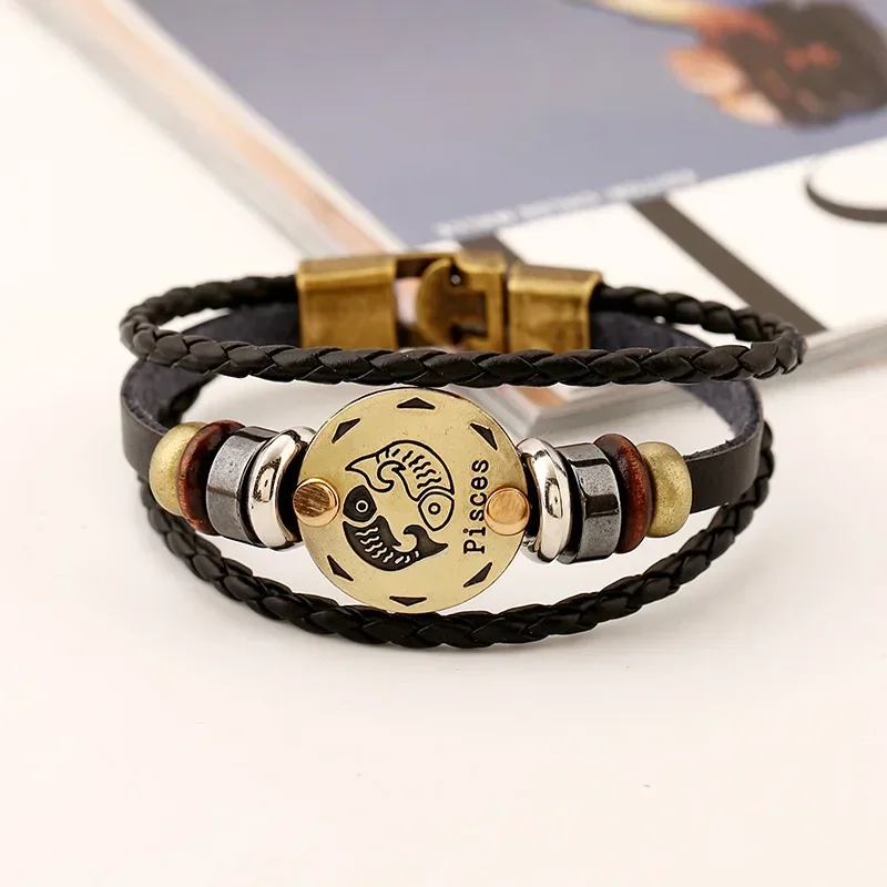 12 Horoscope Leather Bracelet for Women Man Vintage Retro Charm Male Bracelets Jewelry Gifts Leo Cancer Aries Couple Zodiac Sign