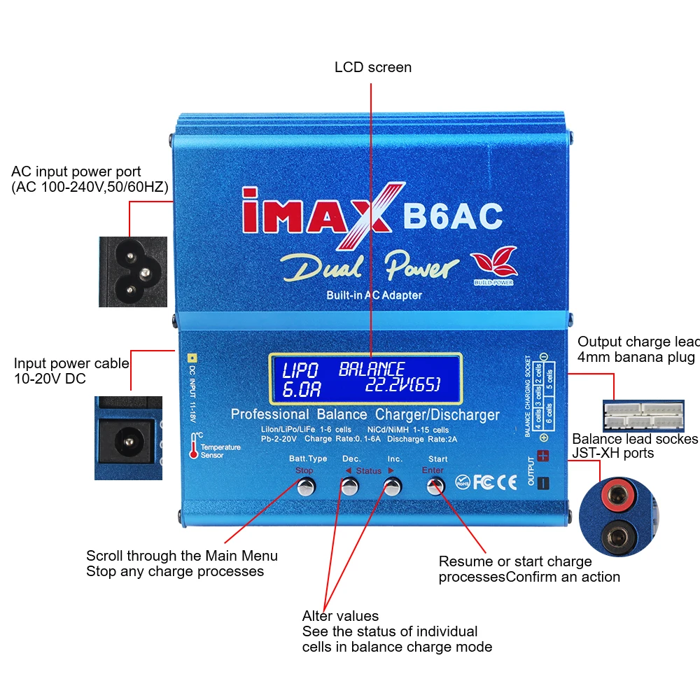 Imax B6AC 80W Intelligente DC10-20V 6A 3 Adattatori RC Balance Caricatore Per Li-Ion LiFe Nimh Nicd PB Lipo Batteria Scaricatore