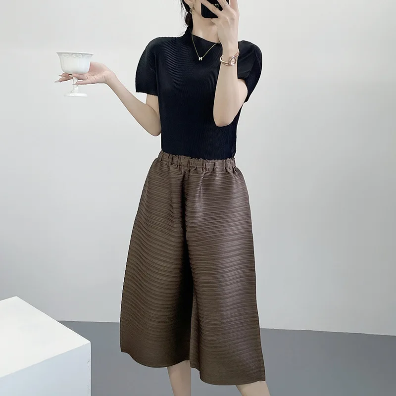 Miyake Pleated 2025 Summer Outfit New Spring Pants Casual Pants Pleated Clothes Solid Color Loose Plus Size Seven Quarter Pants
