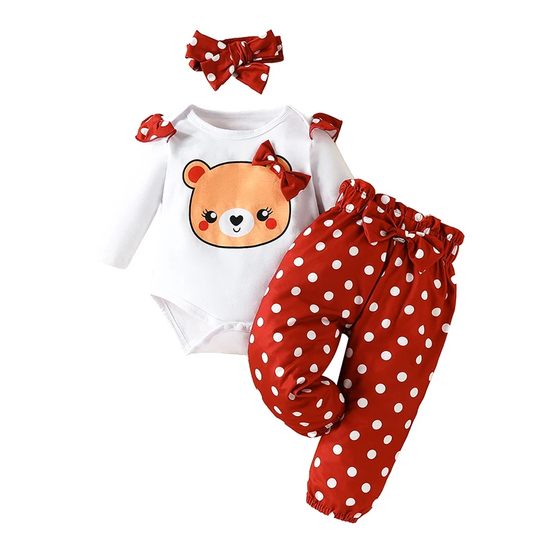 0-18 Months Baby Girl Clothing Suits Long Sleeve Bow Bear Onesie Polka Dot Elastic Pants 3Pcs Sets Infant Outfit