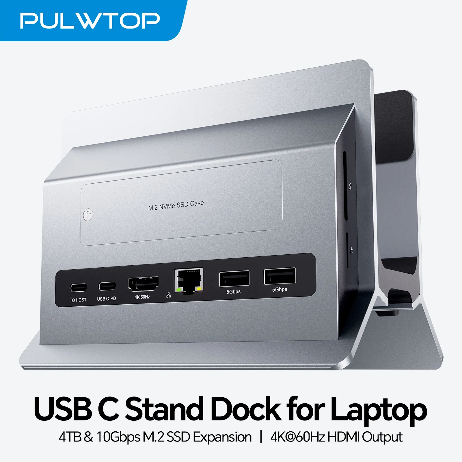 

PULWTOP Vertical Laptop Docking Station with M.2 SSD Expansion, HD 4K, RJ45, USB-C for Full-featured Type-C Laptops