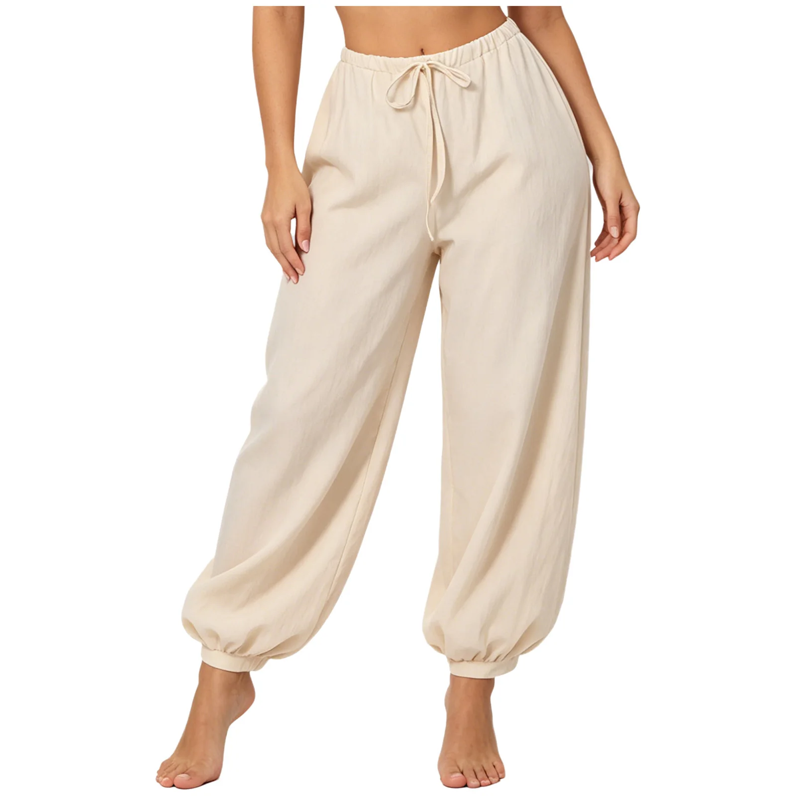 

Womens Solid Color Lantern Pants Elastic Waistband with Drawstring Long Pumpkin Bloomers Exotic Arab-style Pants for Belly Dance