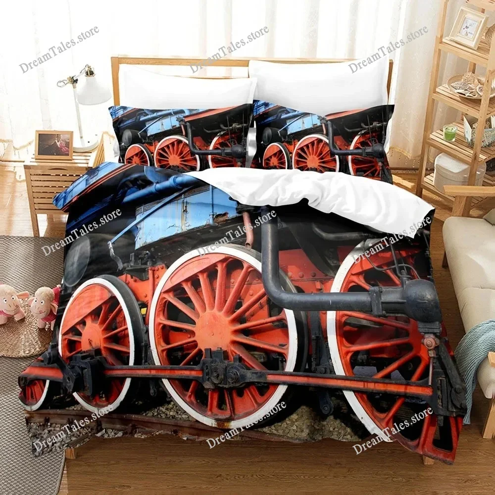 Steam Engine Duvet Cover Set Transportation Old Train King Queen Full Size Polyester Bedding Set for Teen Boys Adult Living Room
