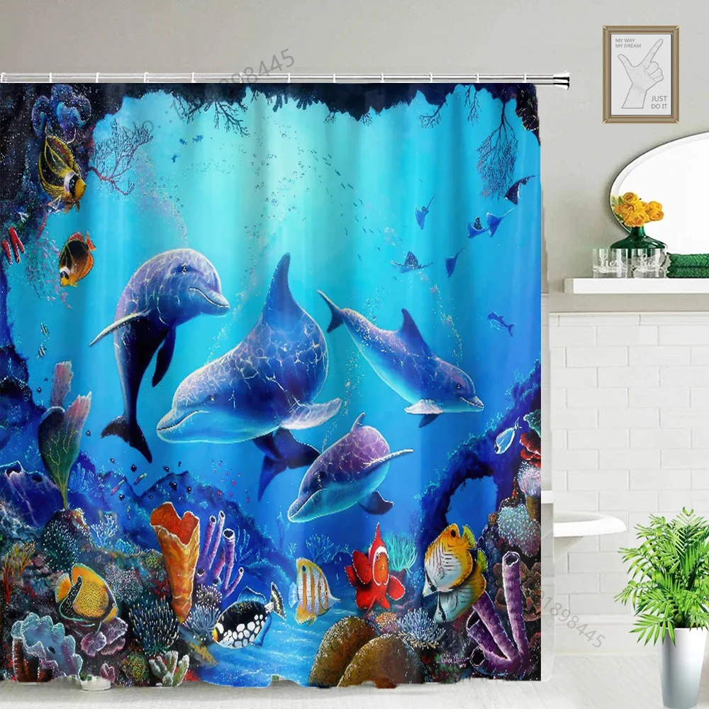 Funny Blue Ocean Whale Coral Shower Curtains Bathroom Curtain With Hooks Decor Waterproof Bath 180*180cm Fish Shower Curtain