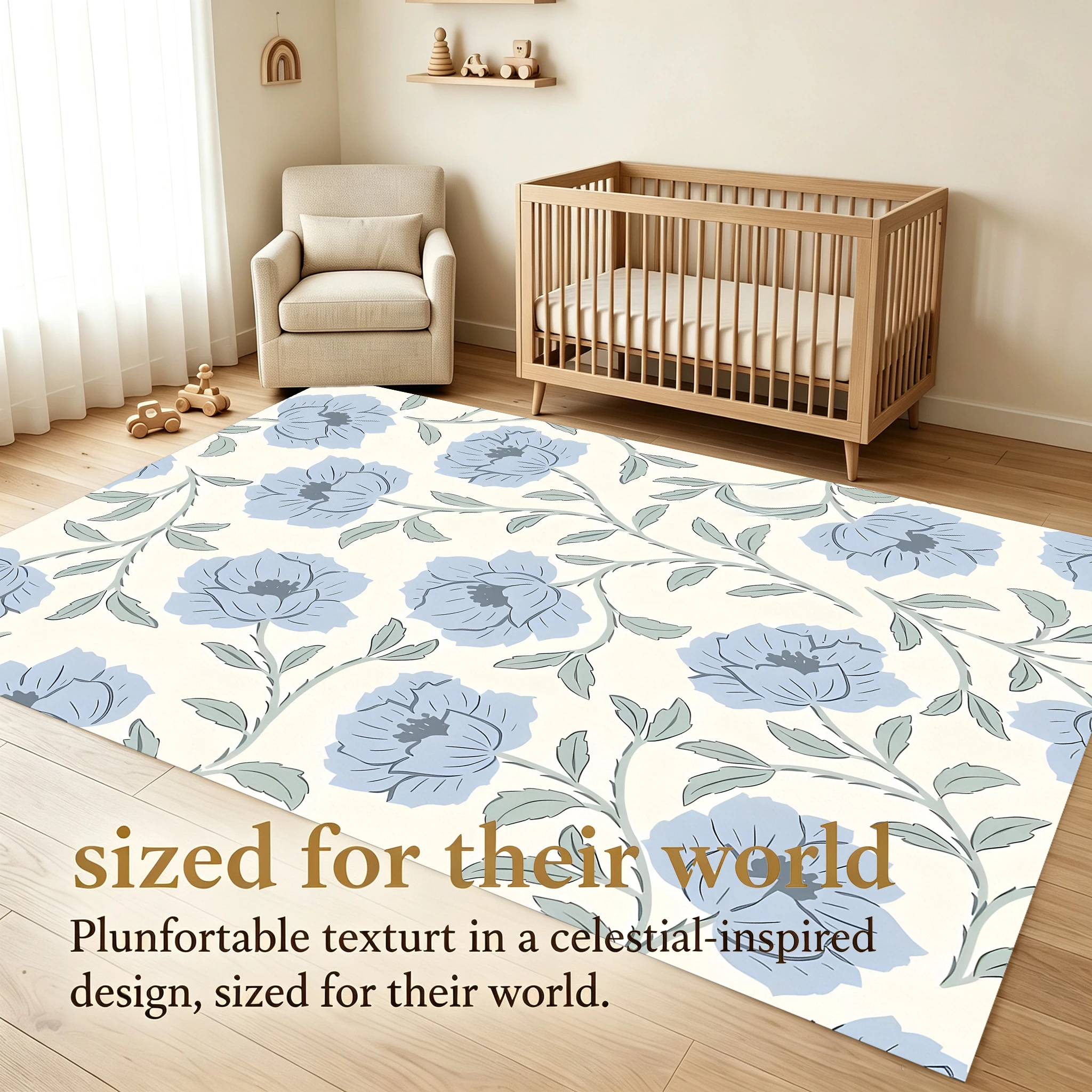 2D Carpet with Light Blue Soft Floral Branch Pattern in a Gentle, Soothing Style for Living Room, Bedroom, and Bedside