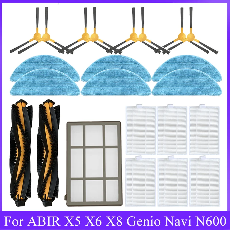 For ABIR X5 X6 X8 Genio Navi N600 Robotic Vacuum Cleaner Parts Main Side Brush Hepa Filter Mops Set  Replacement Accessories