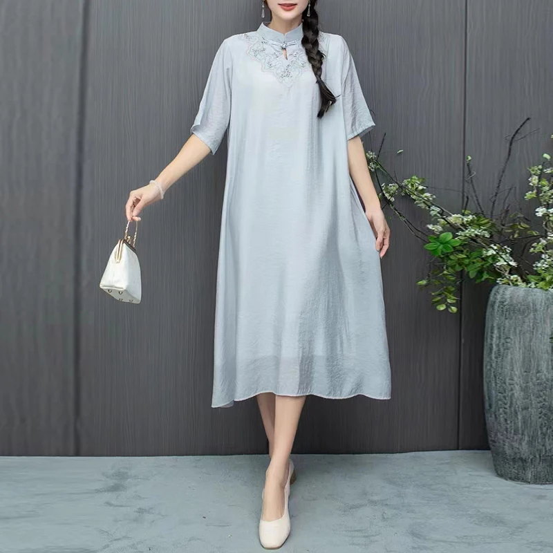 New Chinese Style Stand Collar Cotton Linen Printed Dress 2024 Summer Oversized Casual Loose Short Sleeved Long Dress X1117