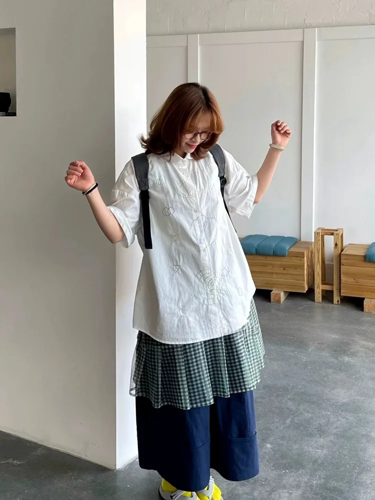 

Летняя корейская женская рубашка свободного кроя с коротким рукавом, вышивкой и воротником-стойкой, дышащая, удобная, повседневная