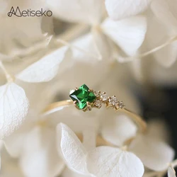 Metiseko Real 925 Sterling Silver Emerald Color Cubic Zirconia Ring Open Adjustable Size for Women Party