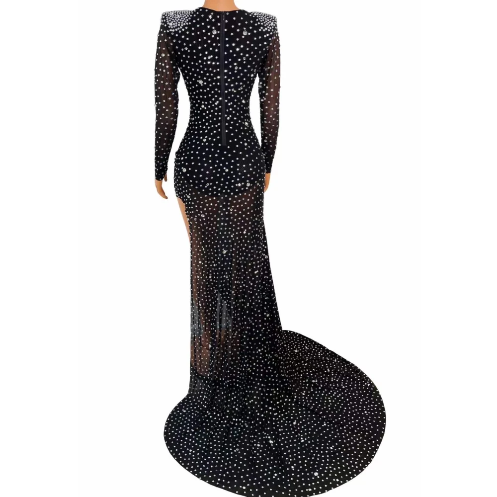 Multicolored Shining Rhinestones Long Sleeve Sexy Split Women Dress Evening Banquet Clothing Model Costumes Ballroom Wears