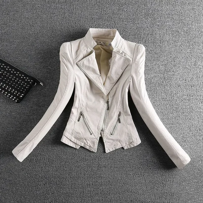 Beige Suede Leather Coat Women Spring Autumn New Slim Motorcycle Basics Short Leather Top Coat Leather Jacket S-4XL