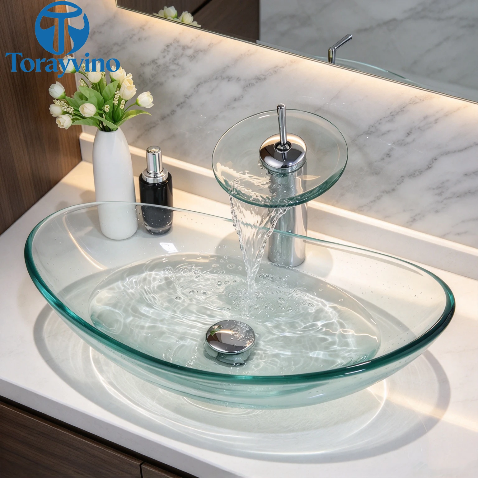 Torayvino Luxury Oval Bathroom Vanity Sink Faucet Set Glass Vessel Sink Outdoor Basin Waterfall Faucet Washbasin Sink Mixer Tap