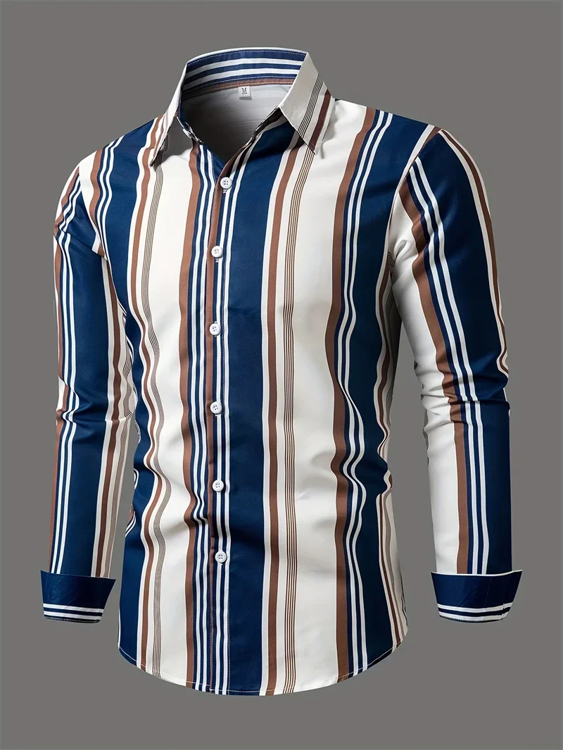 

Men's Plaid Striped 3D Printed Long-sleeved Lapel Formal Shirt Simple Business Casual Office Party High-end Clothing Men's Top