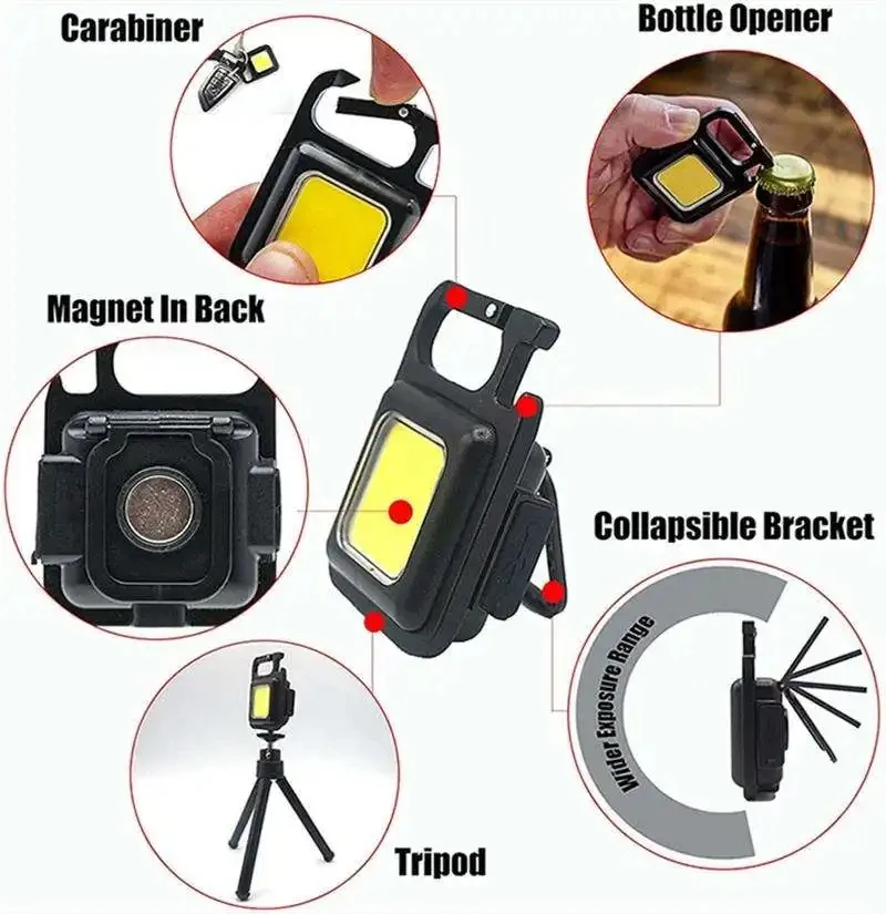Rechargeable 4 Light Modes Portable Pocket Light Keychain Mini Flashlight With Bottle Opener Magnet Base Folding Bracket