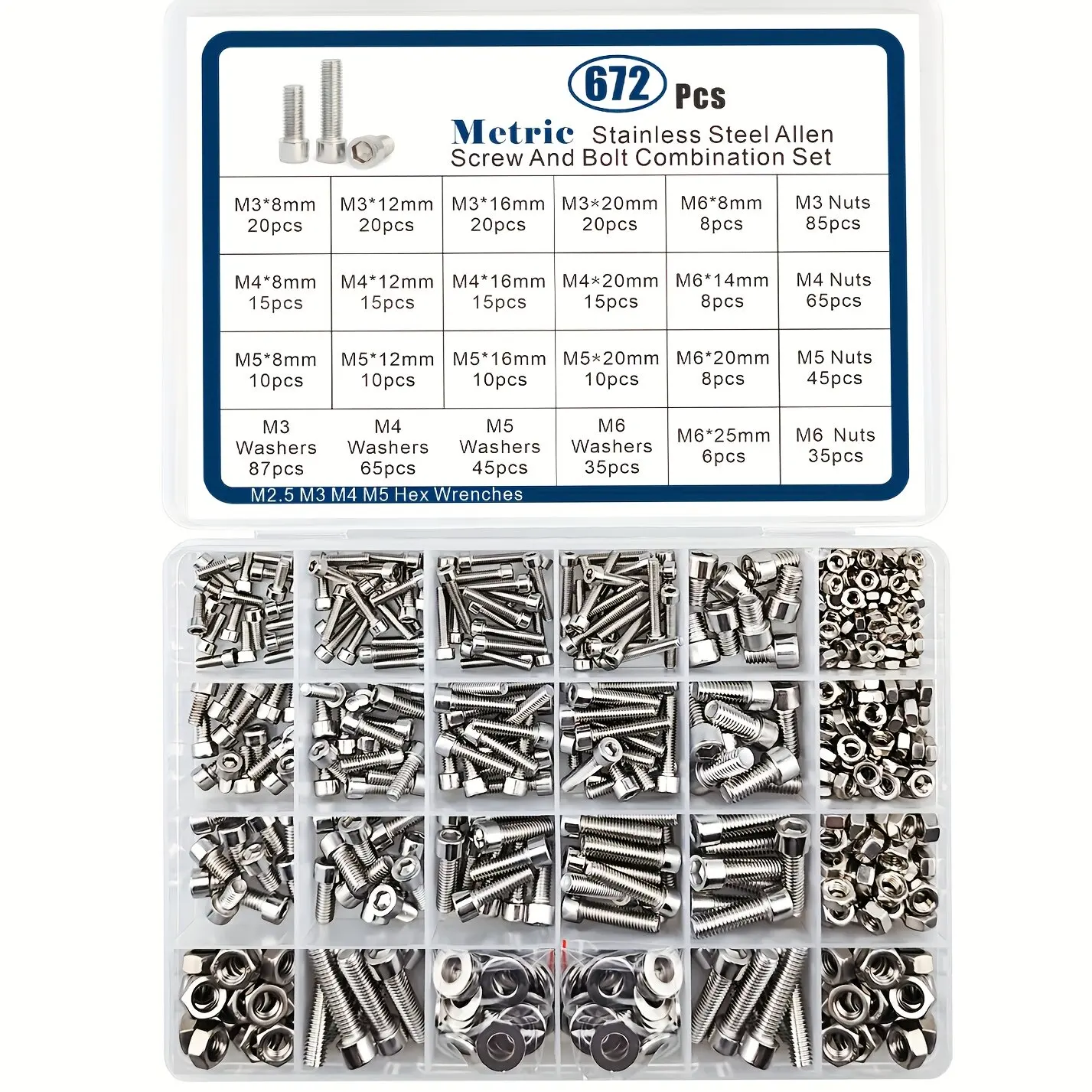 672pcs Set Cup Head round Column Head Inner Hex Screw Washer Nut M3 M4 M5 M6 Sizes Hand Tools for DIY Repairing Maintenance