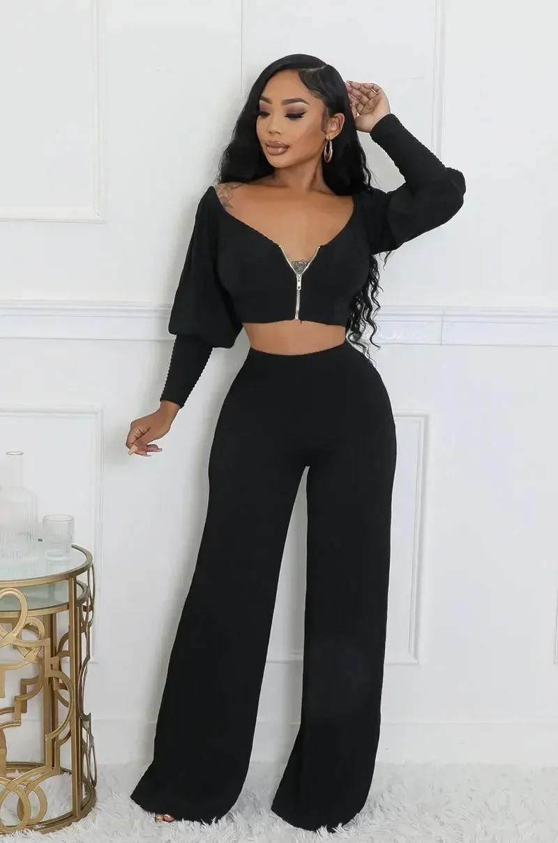 

GUWU Knit Ribbed Women's Set Lantern Full Sleeve Zipper Crop Top and Wide Leg Pants Suit Autumn Street Two 2 Piece Sets Outfits