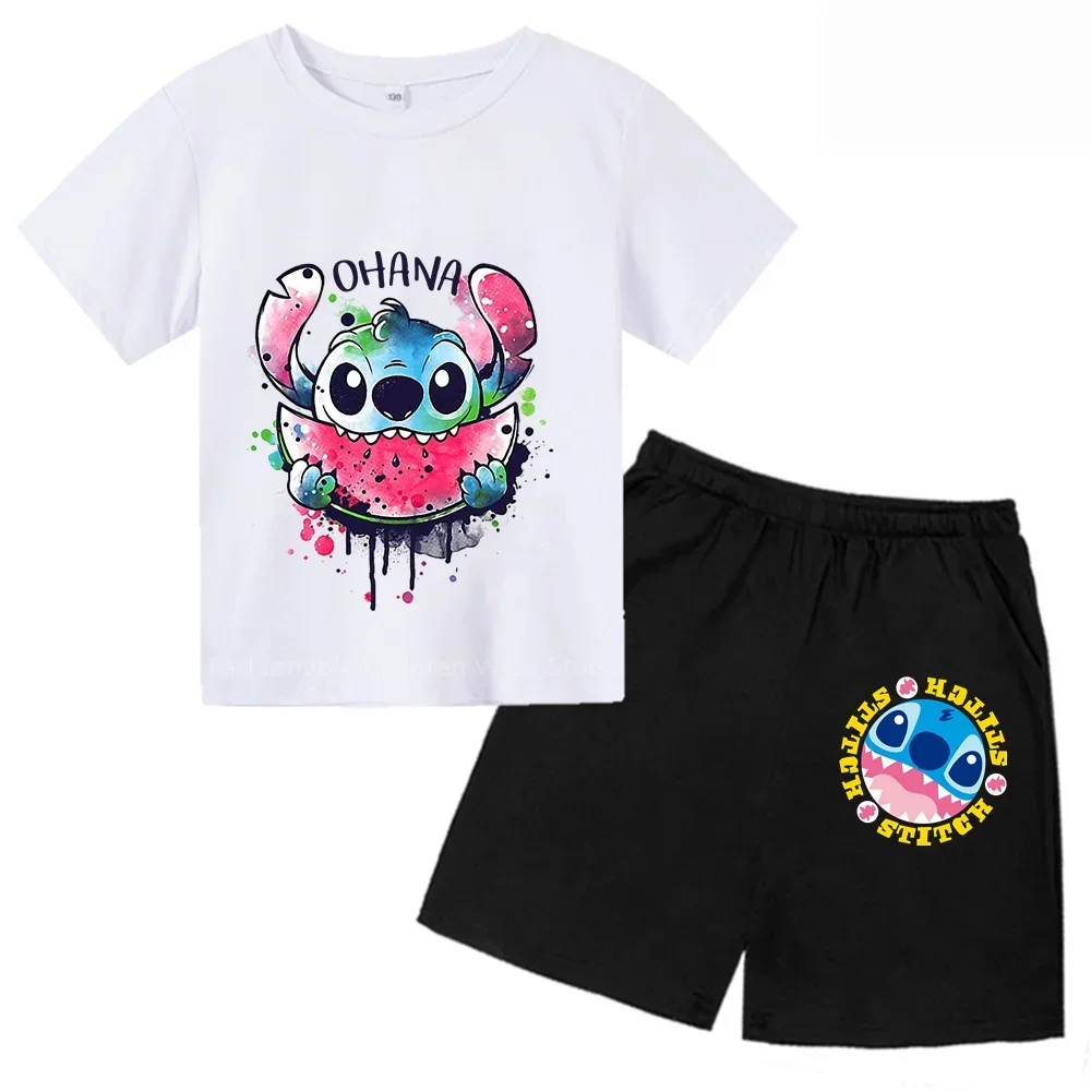 Disney Stitch Cartoon Shortsleeve Tshirt And Shorts Set For Kids - 2024 New Style, Cotton Comfort, Trendy Outdoor Attire