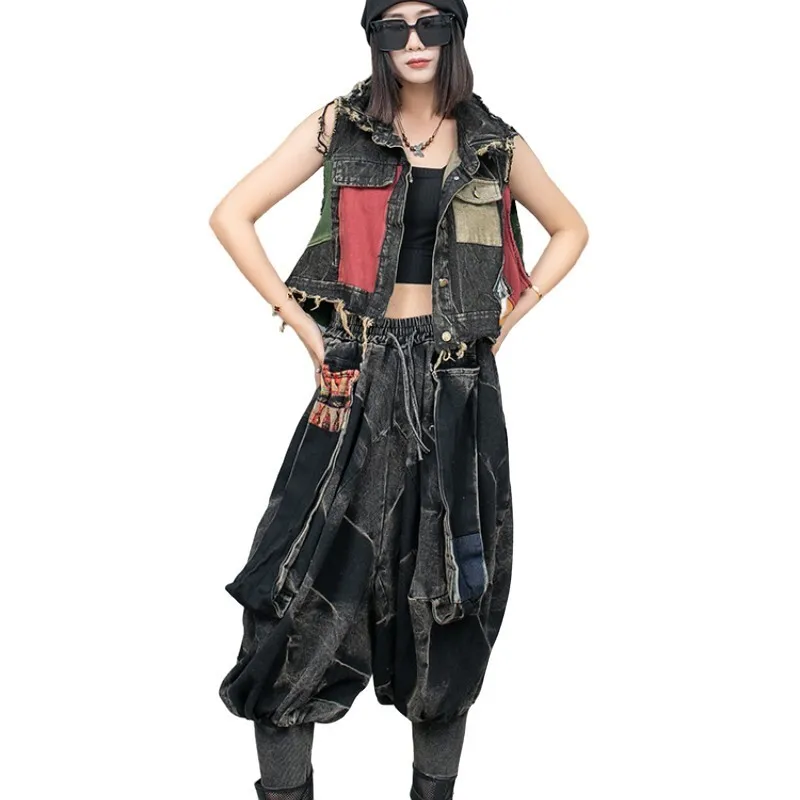 2024 Summer New Personality Matching Set Color Matching Lapel Denim Vest + Lantern Pants Two-piece Set Women LX729