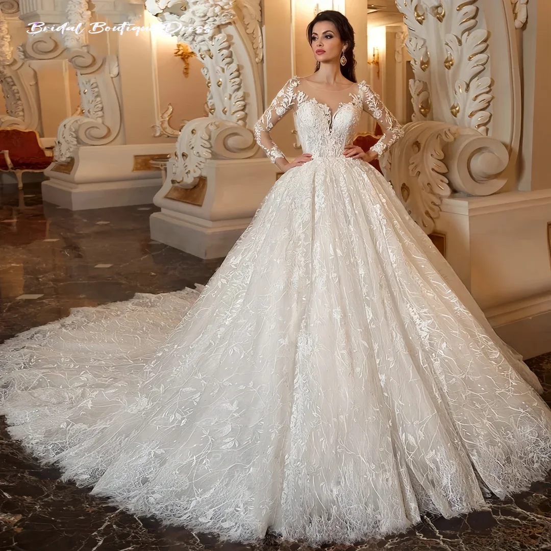 

Свадебное платье-баллон на заказ с длинными рукавами, кружевное, роскошное, с бисерными аппликациями, Vestidos De Novia