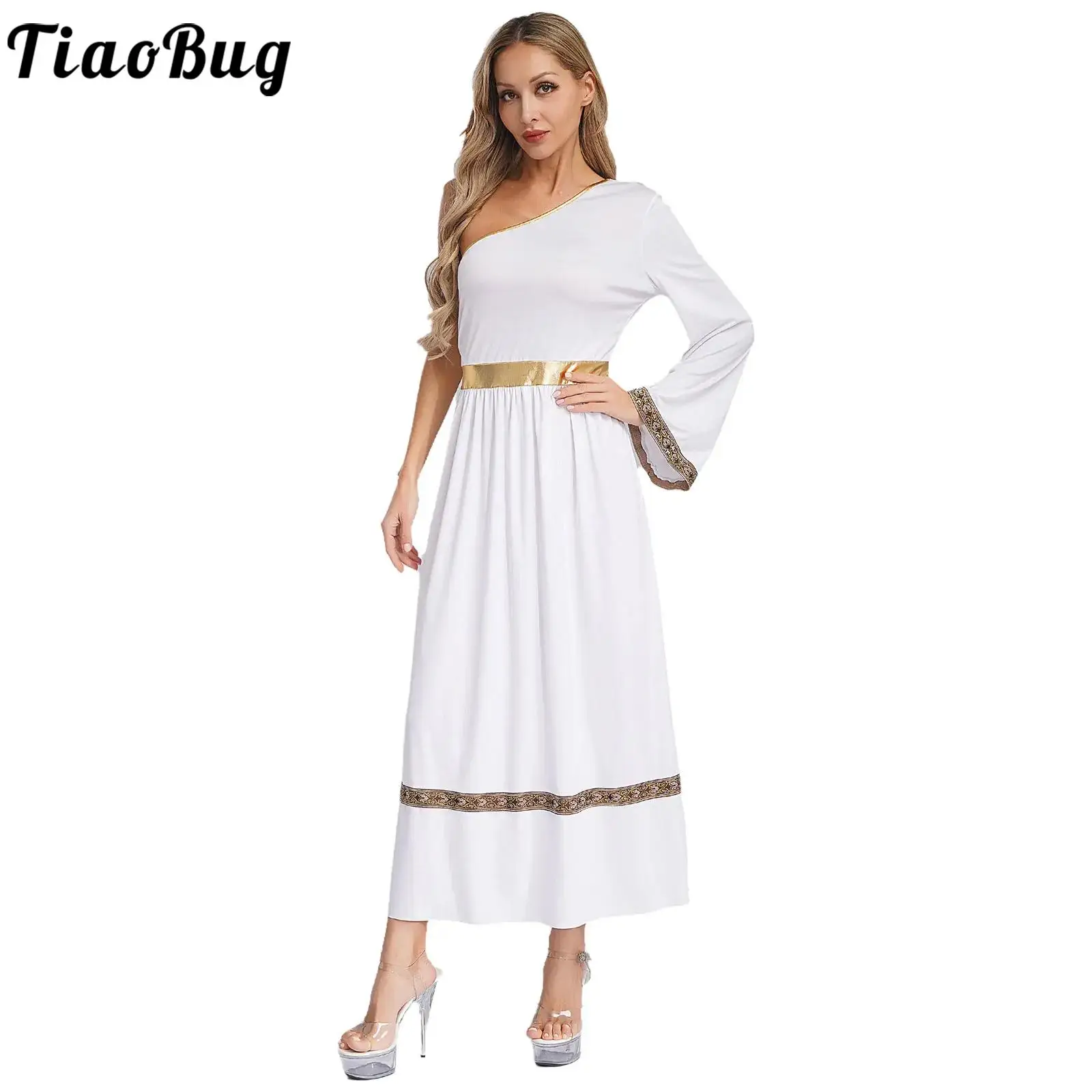 

Women Ancient Greek Costume Role Play Grecian Princess Queen Robe One Shoulder Tunic Long Dress for Halloween Fancy Dress Up