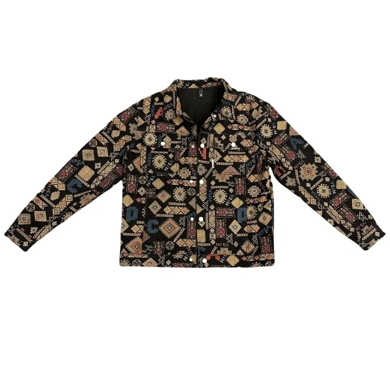 Neue frühling Herbst Revers Denim Jacke männer Trendy Ethnischen Stil Druck Cowboy Mantel