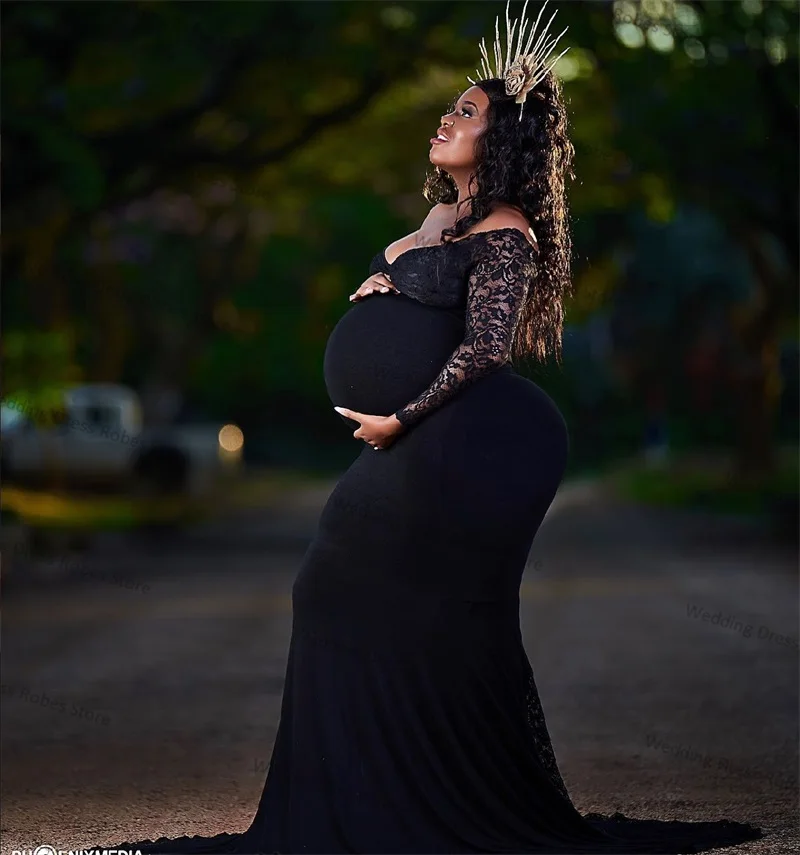 Black Lace Maternity Dresses for Photo Shoot Robe V Neck Plus Size Mesh Kimono Pregnant Full Sleeves Custom Made Prom Dress