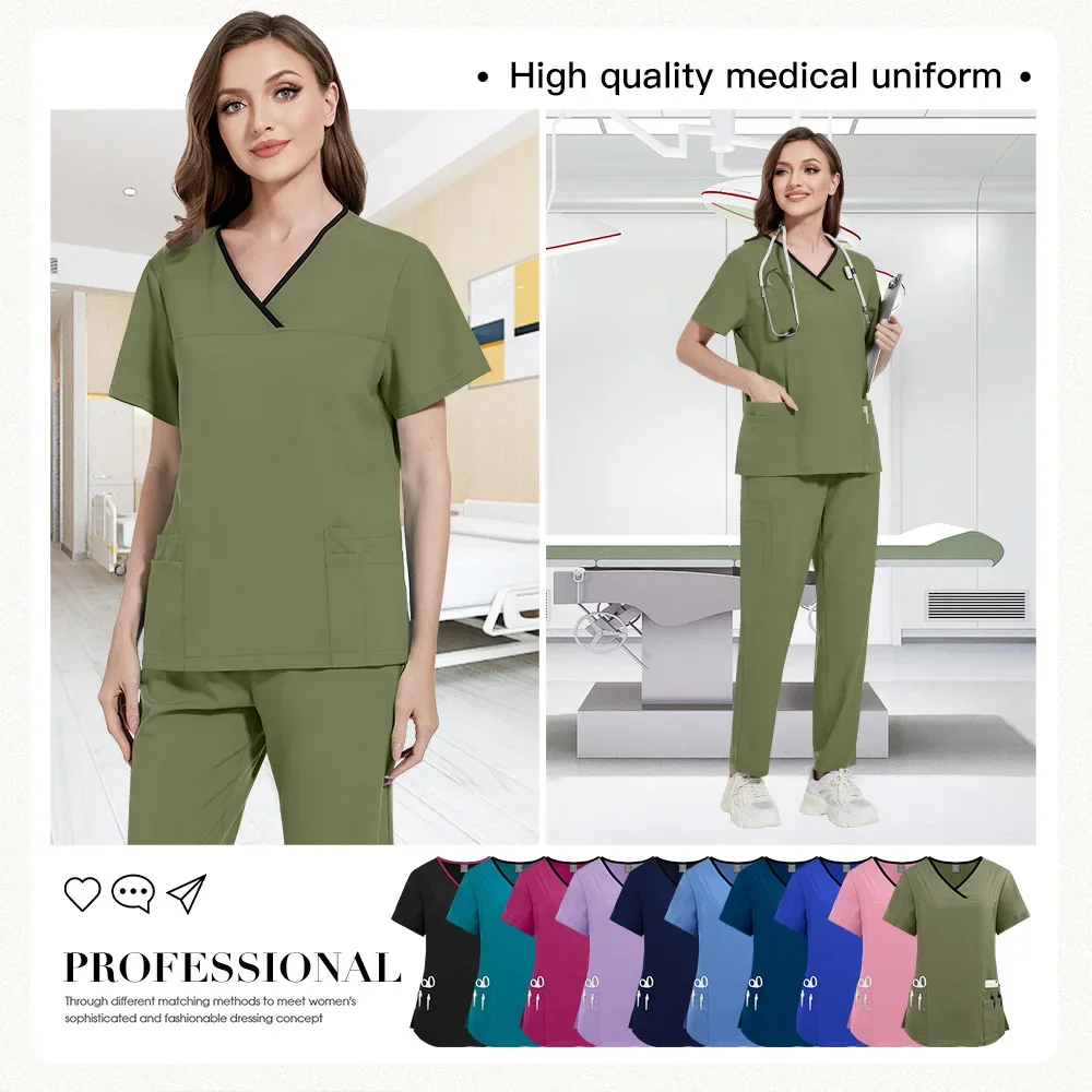 Thin and Light Fabric Scrub Uniform Nurse Medical Work Clothes Women Short Sleeve Nursing Set Elastic Medical Uniform for Summer