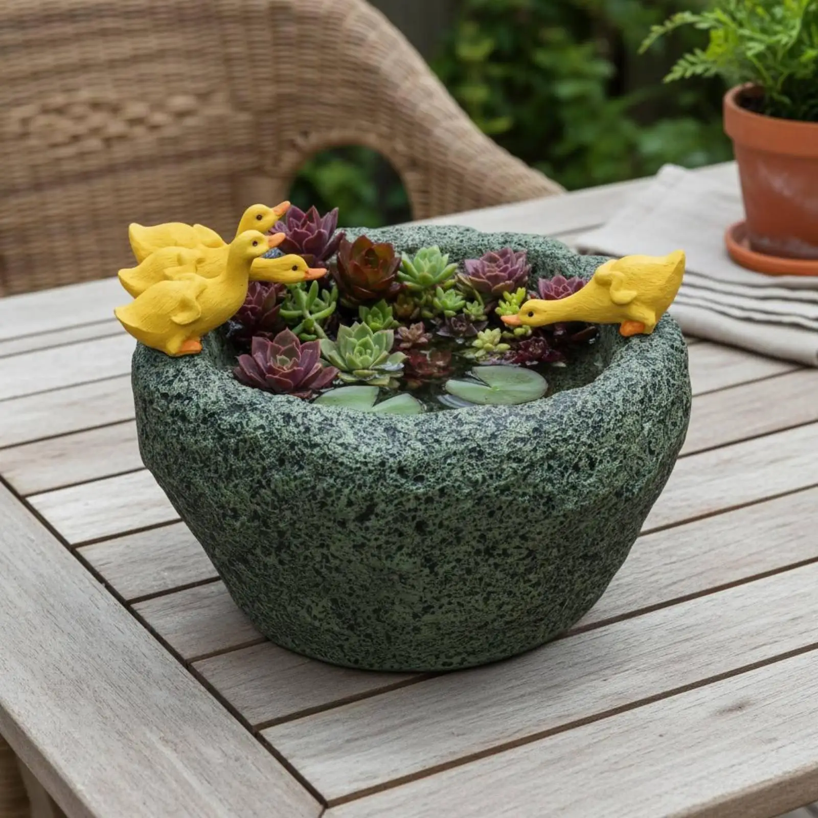 Duck Figurine Planter Creative Design Faux Stone Duck Pot Hand-Painted Resin