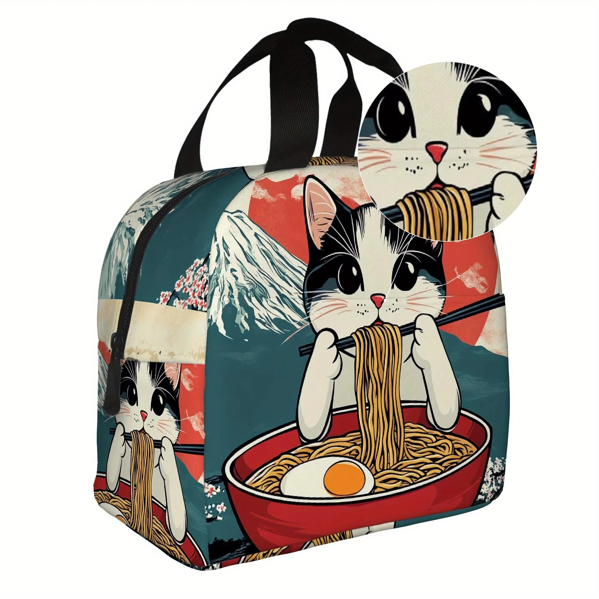 Cat Eating Ramen Noodles with Chopsticks Printed Thermal Lunch Bag Suitable for Home Restaurant Office Unisex