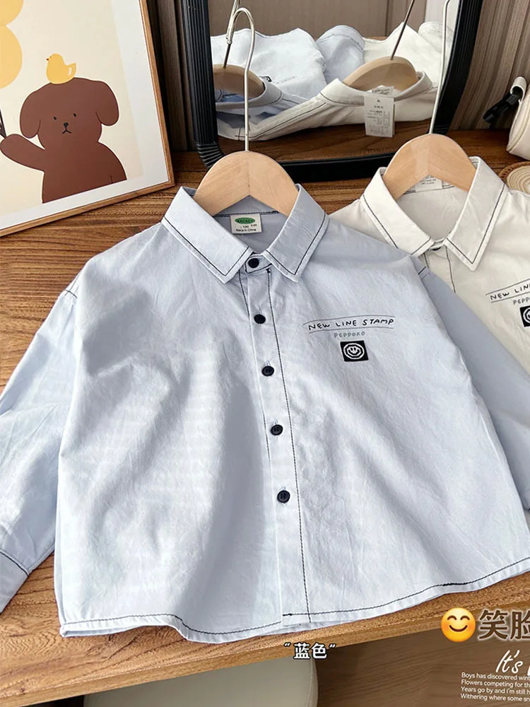 

Children's Cotton Soft Long sleeved Shirt 2024 Spring and Autumn Season New Medium to Large Boys Loose White Shirt